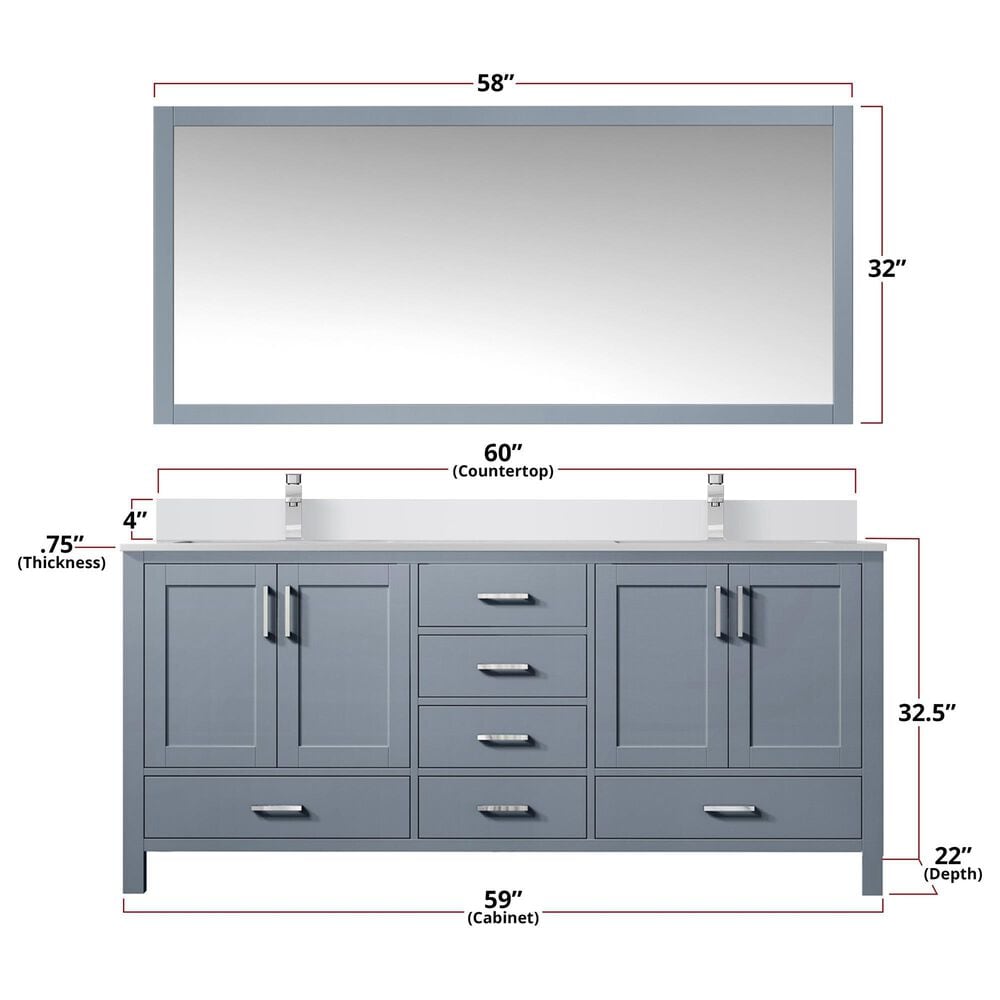 Lexora Home Jacques 60&quot; Double Bathroom Vanity in Dark Grey with 2 cm White Cultured Marble Top and Rectangular Sinks, , large