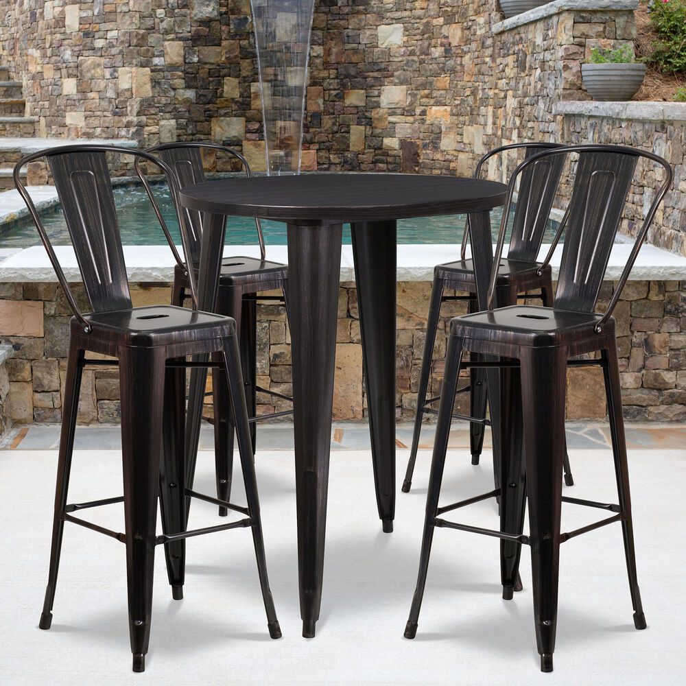 Flash Furniture 5-Piece Metal Bar Round Table Set in Antique Gold, , large