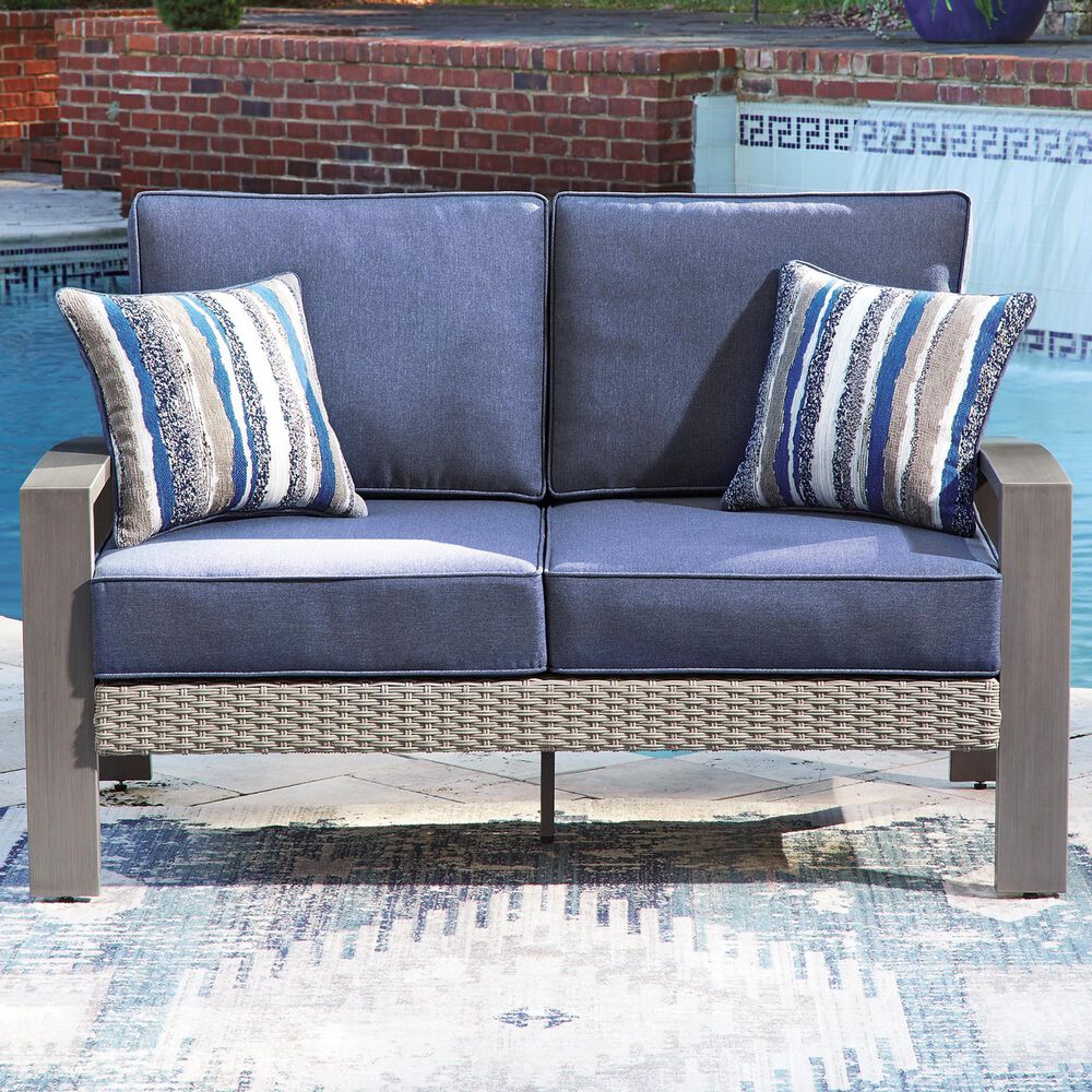 Ashley Half Moon Beach Stationary Loveseat with Blue Cushions in Gray, , large