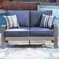 Ashley Half Moon Beach Stationary Loveseat with Blue Cushions in Gray, , large