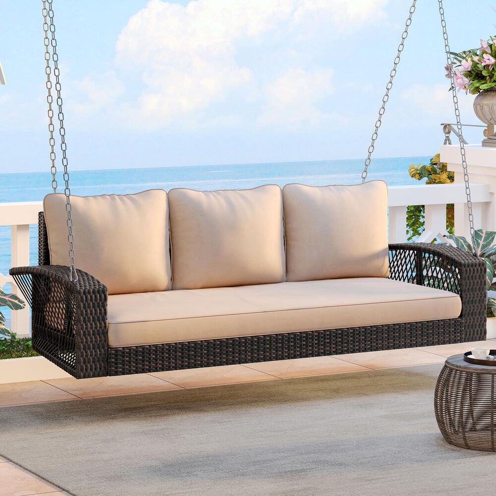 Hearth and Haven Go Outdoor 3-Seater PE Rattan Wicker Porch Swing Bench in Beige, , large