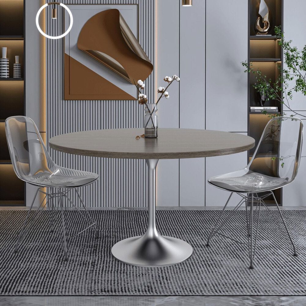 Leisuremod LeisureMod Verve Collection 48 Round Dining Table, Brushed Chrome Base with Dark Maple MDF Top, , large