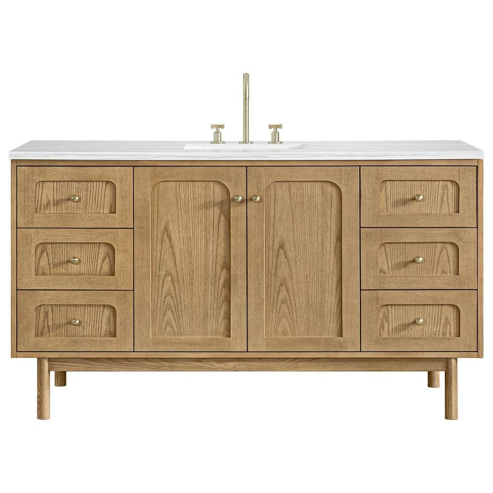 James Martin Vanities Laurent 60" Single Bathroom Vanity in Light Natural Oak with 3 cm Arctic Fall Solid Surface Top and Rectangular Sink, , large