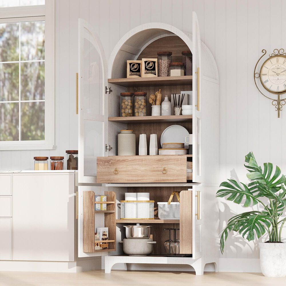 HOMLUX 71" Tall Arched Kitchen Pantry Cabinet with Door Shelves, Farmhouse Kitchen Storage Cabinet with Open &amp; Adjustable Shelves, Hidden Drawer &amp; Glass Door, Cupboard for Kitchen, Dining Room, White, , large