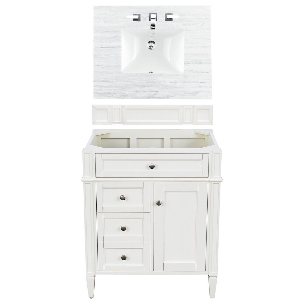 James Martin Vanities Brittany 30" Single Bathroom Vanity in Bright White with 3 cm Arctic Fall Solid Surface Top and Rectangle Sink, , large