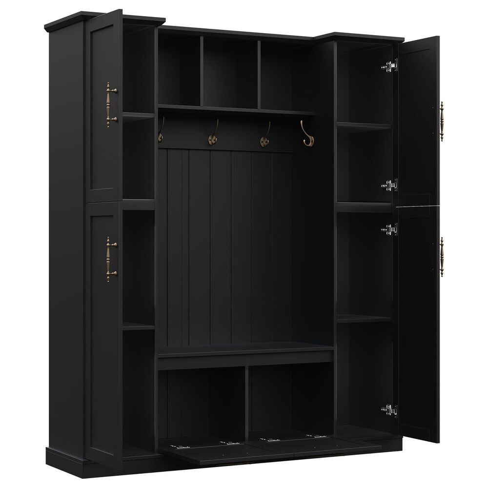 HOMLUX 5-Hook Hall Tree with 4 Side Cabinets and Storage Bench in Black, , large