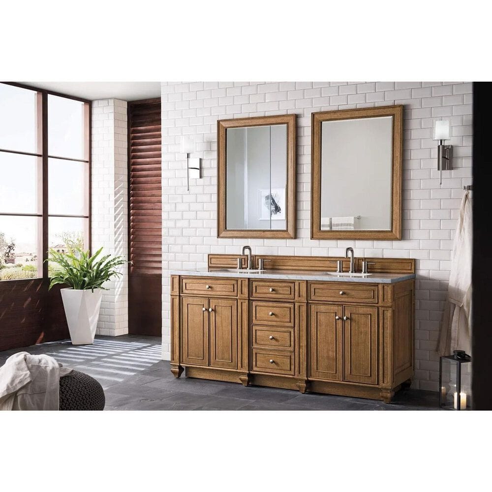 James Martin Vanities Bristol 72&quot; Double Bathroom Vanity in Saddle Brown with 3 cm Carrara White Marble Top and Rectangular Sinks, , large