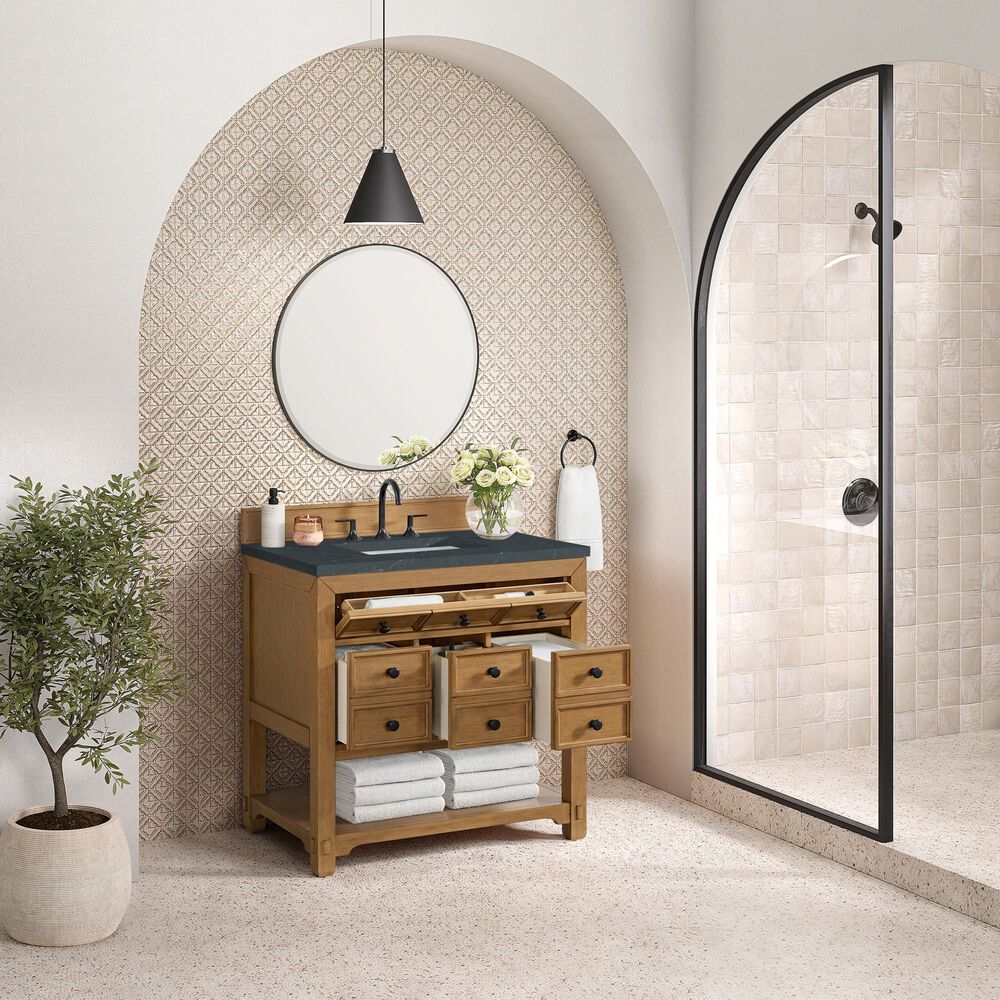 James Martin Malibu 36&quot; Single Bathroom Vanity in Amber Birch with 3 cm Charcoal Soapstone Quartz Top and Rectangular Sink, , large
