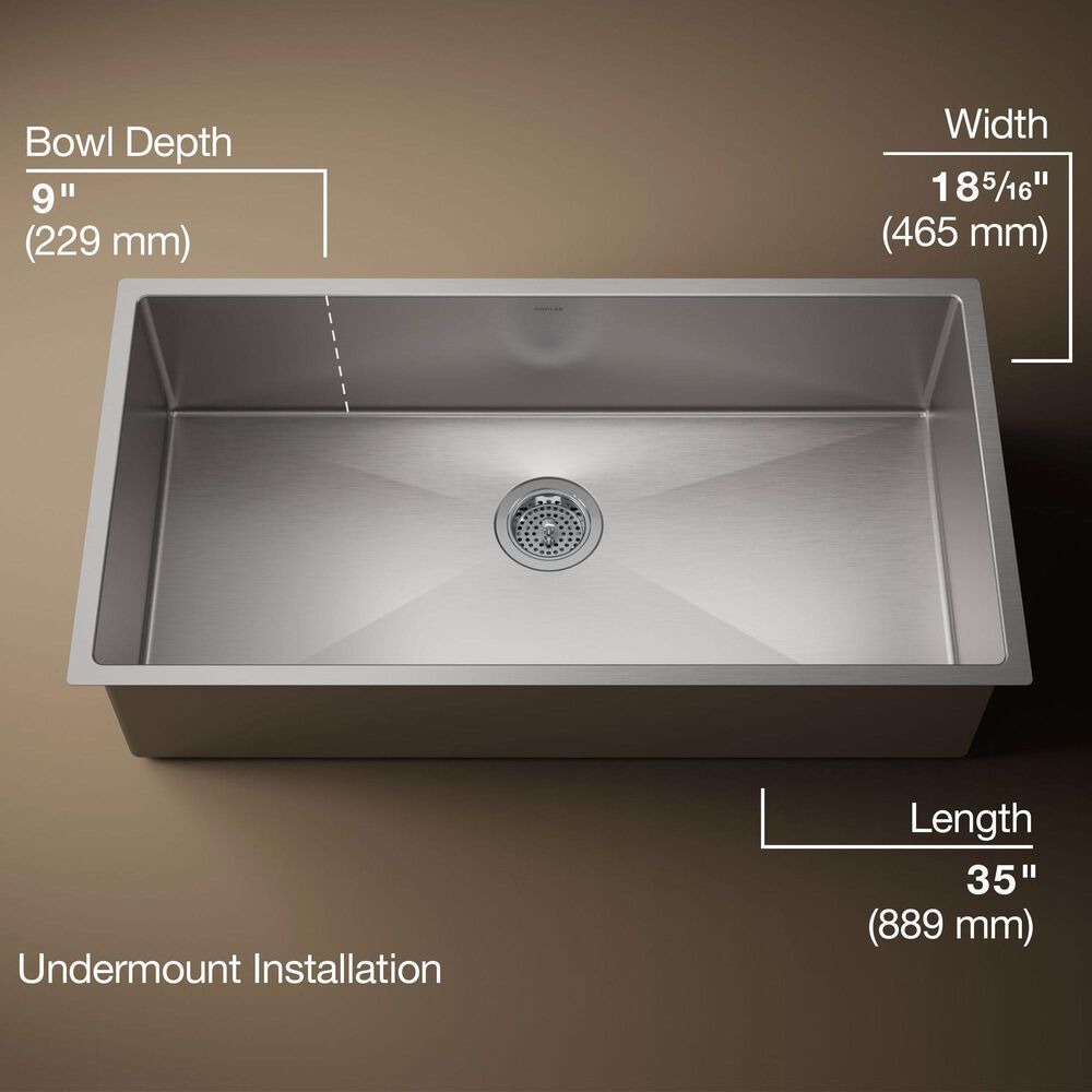 Kohler Strive 35" Undermount Single Bowl Kitchen Sinks in Stainless Steel, , large