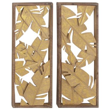 Maple and Jade 34" x 13" Banana Tree Leaves Iron Wall Plaque in Gold and Brown (Set of 2), , large