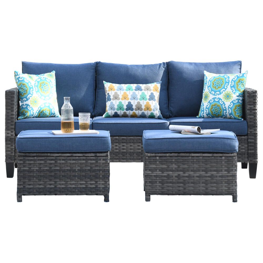 HOMLUX 3-Piece Modular Outdoor Sofa Set with Two Ottomans in Denim Blue, , large