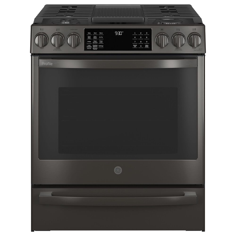 GE Profile 30" Smart Slide-In Front Control Gas Range in Black Stainless Steel, , large