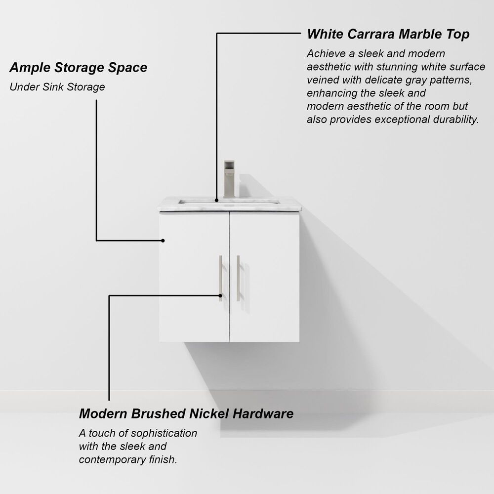 Lexora Home Geneva 24" Single Bathroom Vanity in Glossy White with 2 cm White Carrara Marble Top and Rectangular Sink, , large