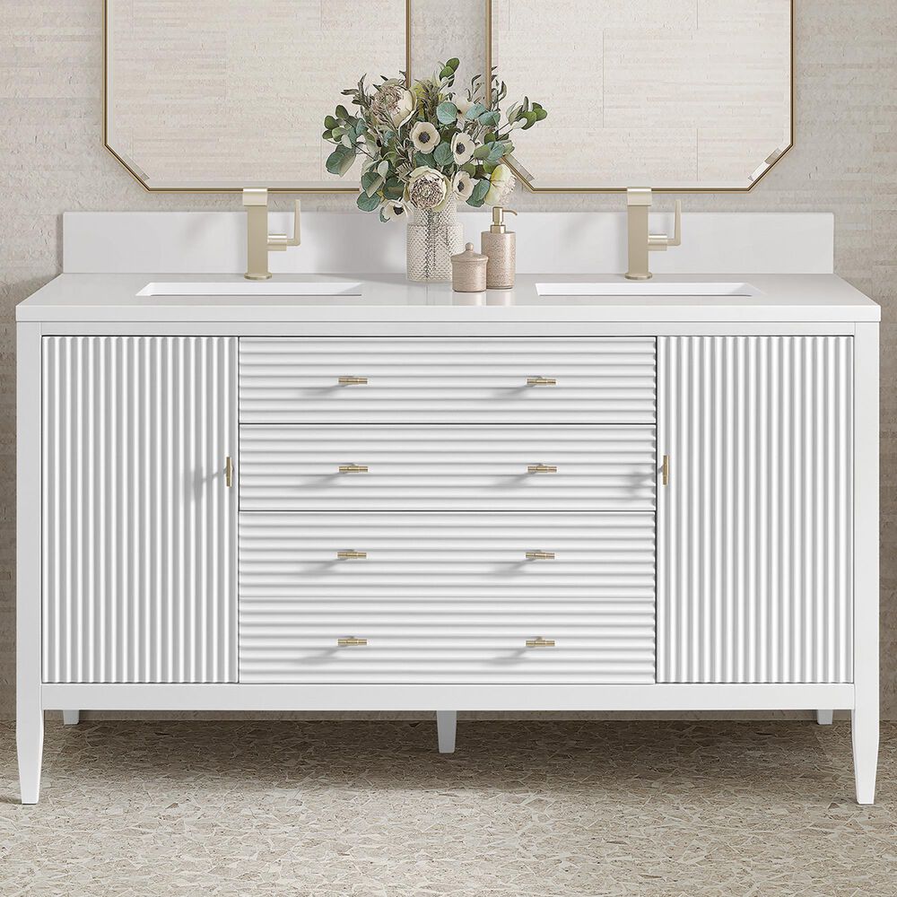 James Martin Vanities Myrrin 60&quot; Double Vanity in Bright White with Single Hole and 3 cm White Zeus Quartz Top &amp; Backsplash, , large