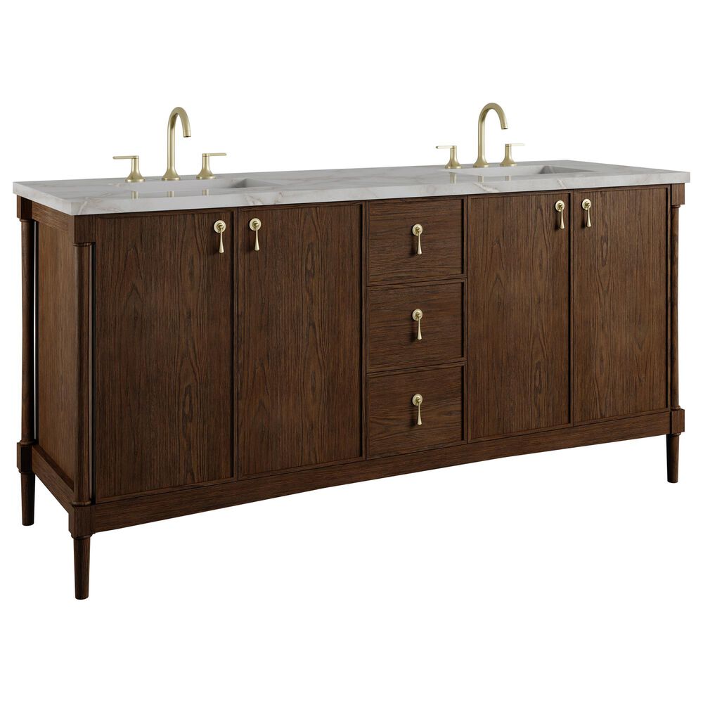 James Martin Kinnsden 72" Double Bathroom Vanity in Sable Oak with 3 cm Victorian Silver Silestone Top and Rectangular Sinks, , large
