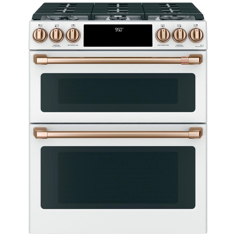 Cafe 30" Slide-IN Front Control Dual-Fuel Double Oven with Convection Range in Matte White with Brushed Bronze Handle, , large