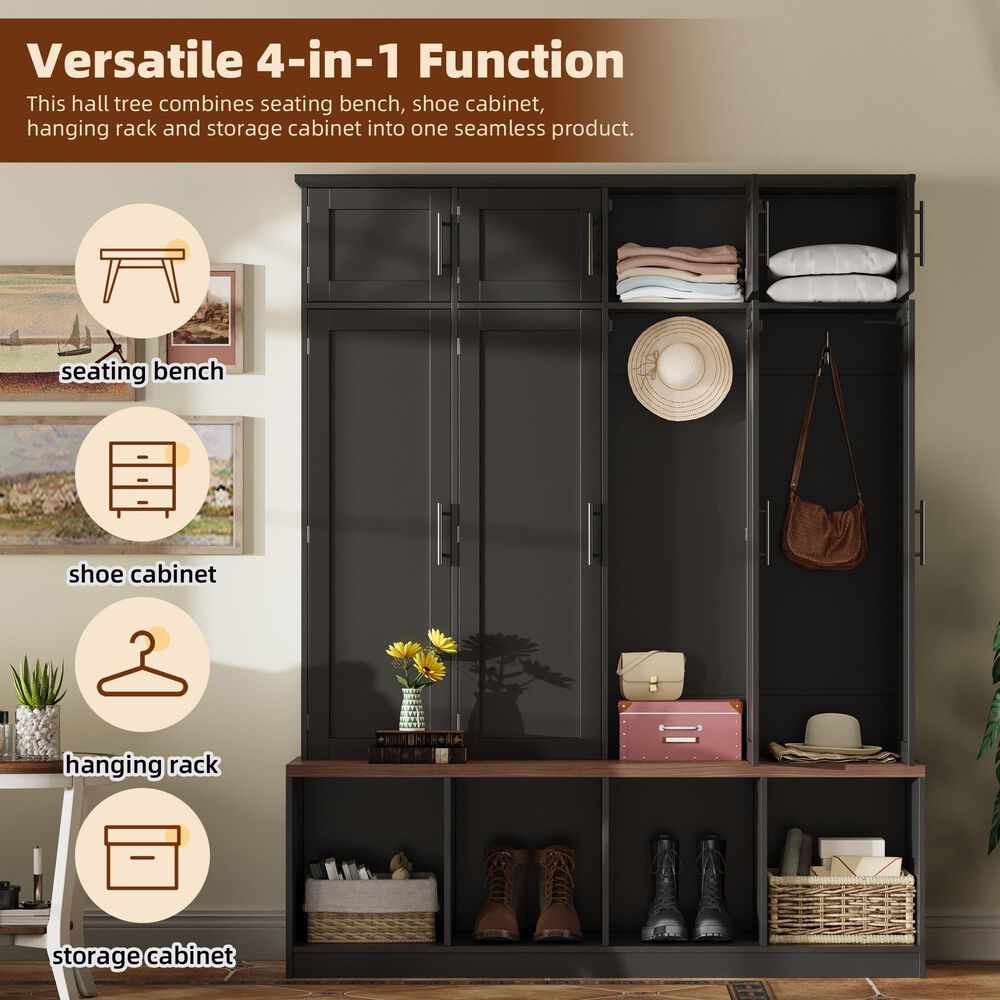 HOMLUX 4-Hook Hall Tree with 8-Door in Black and Walnut, , large