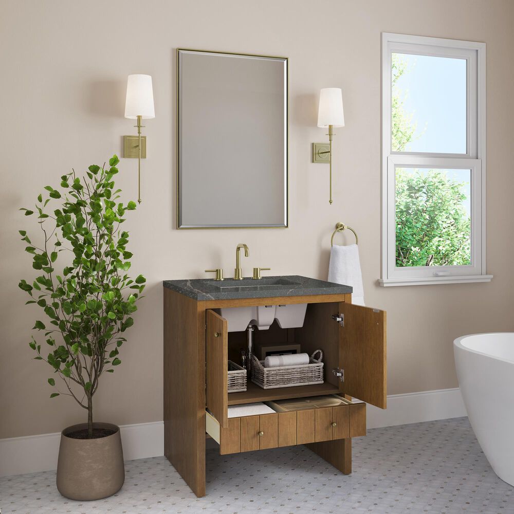 James Martin Hudson 30" Single Bathroom Vanity in Honey Oak with 3 cm Parisien Bleu Silestone Top and Rectangular Sink, , large