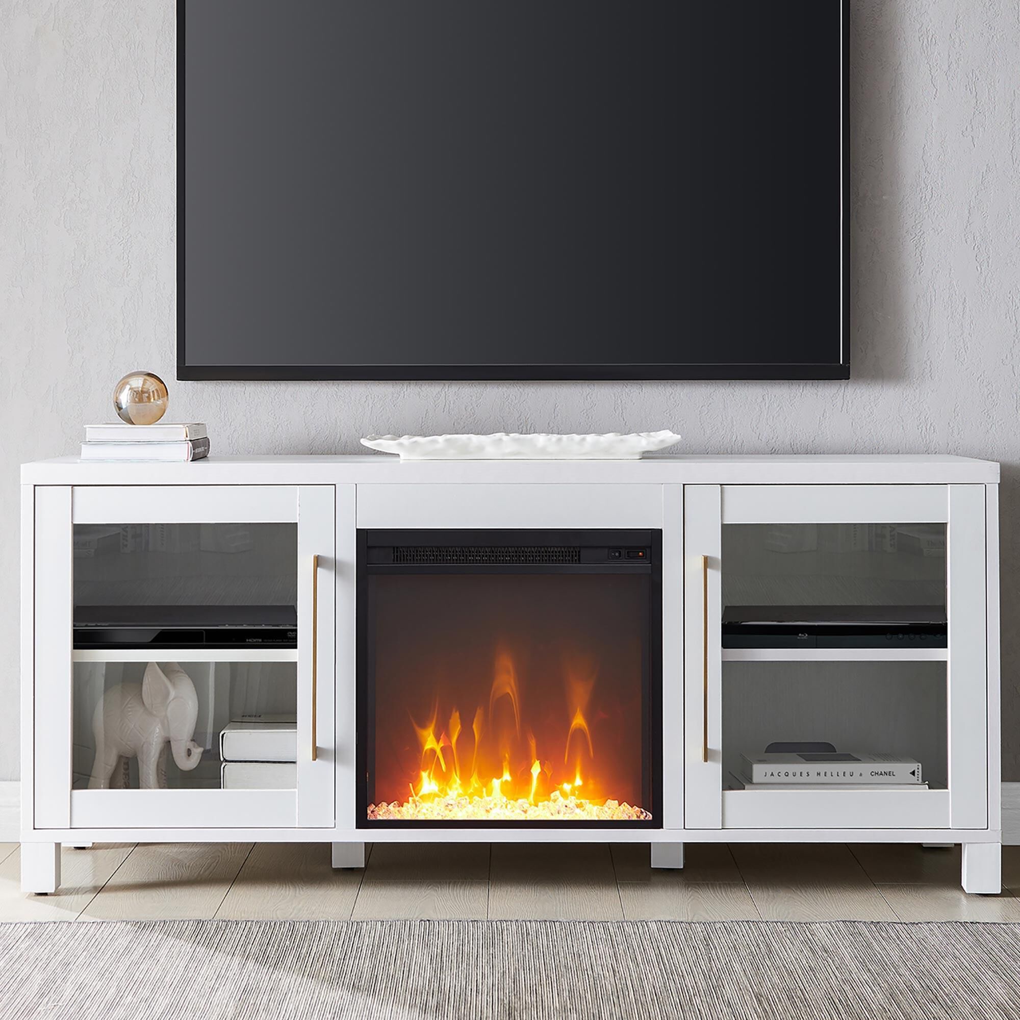 White farmhouse tv stand store with fireplace