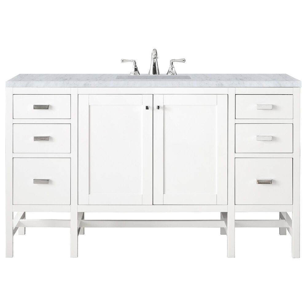 James Martin Vanities Addison 60" Single Bathroom Vanity in Glossy White with 3 cm Carrara White Marble Top and Rectangular Sink, , large