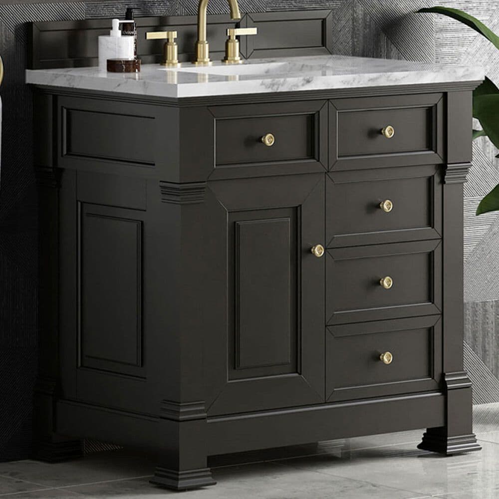James Martin Vanities Brookfield 36&quot; Single Bathroom Vanity in Black Onyx with 3 cm Carrara White Marble Top and Rectangular Sink, , large