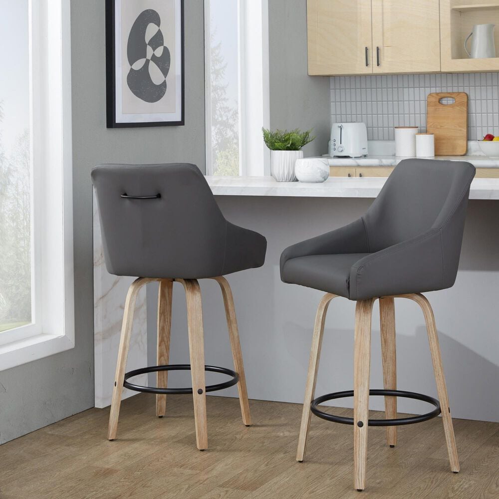 LumiSource Hannah Swivel Counter Stool with Dark Grey Faux Leather Upholstery in Whitewashed and Black (Set of 2), , large