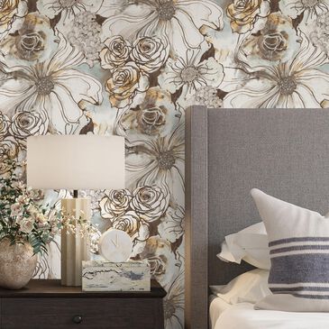 Harry and Grace Ink Rose 216" x 20.5" Peel and Stick Wallpaper in Mocha and Blue Mist, , large