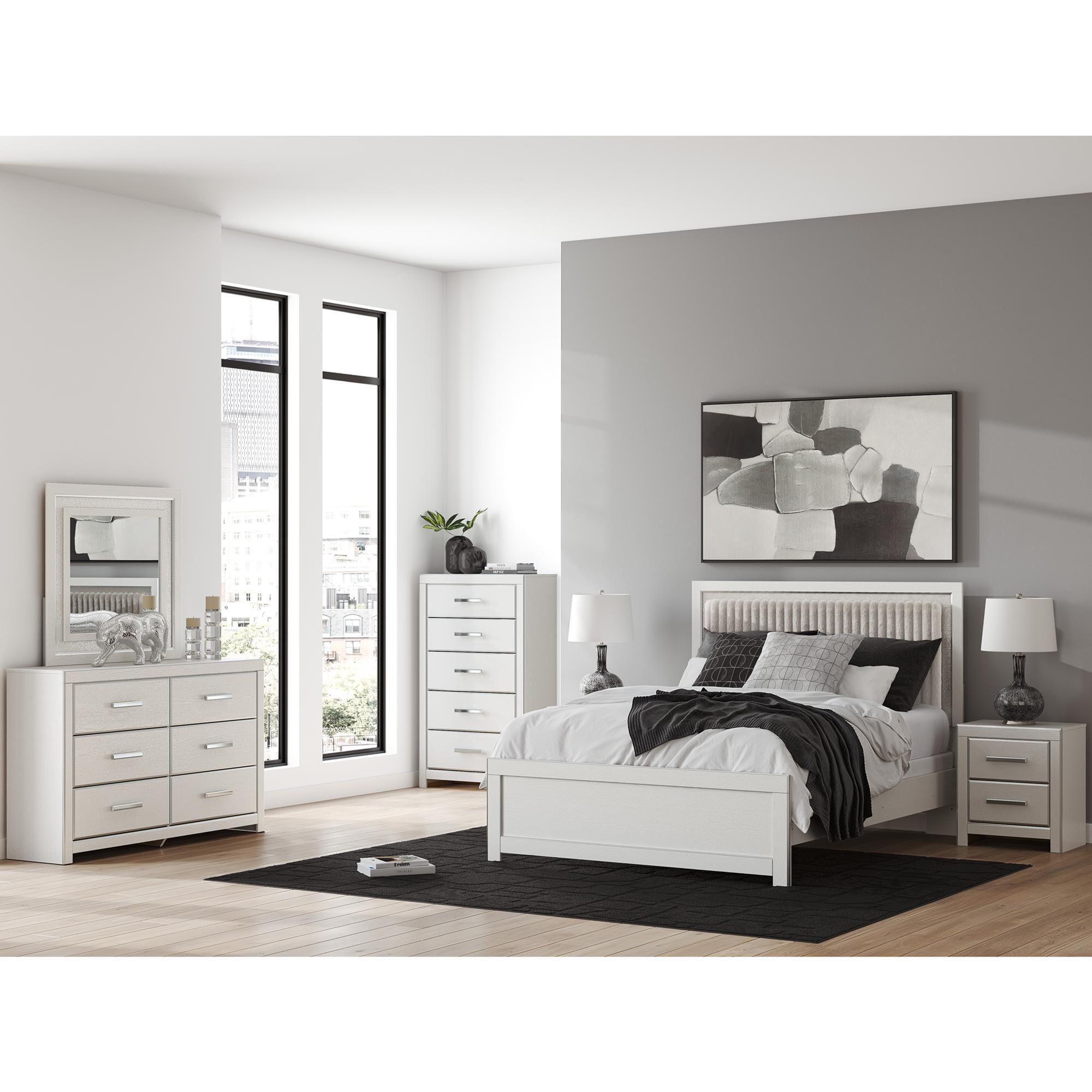 Ashley Zuraleus Queen Upholstered Panel Bed with Two Nightstands