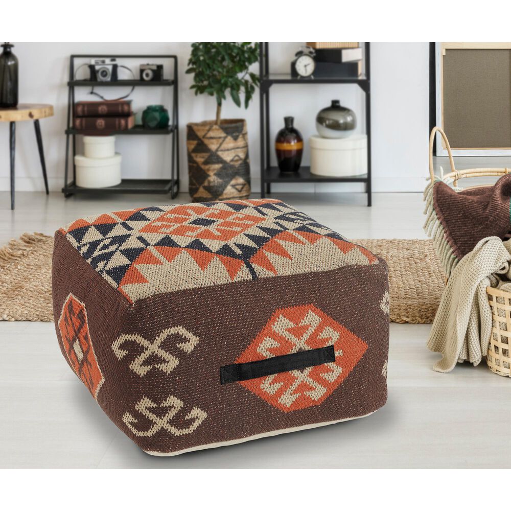 LR Home 18" Square Kilim Pouf in Brown and Orange, , large