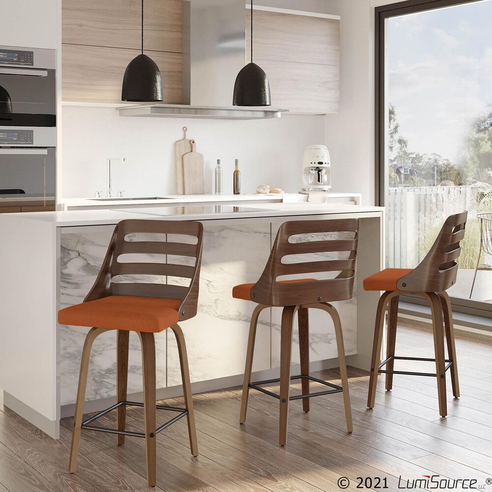 Lumisource Trevi Swivel Counter Stool with Orange Cushion in Walnut and Black &#40;Set of 2&#41;, , large