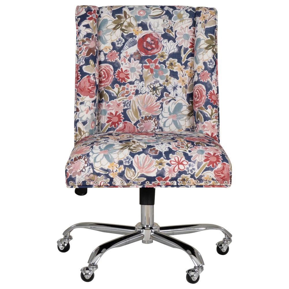 Linon Home Decor Draper Office Chair with Navy Floral Cushion in Silver, , large