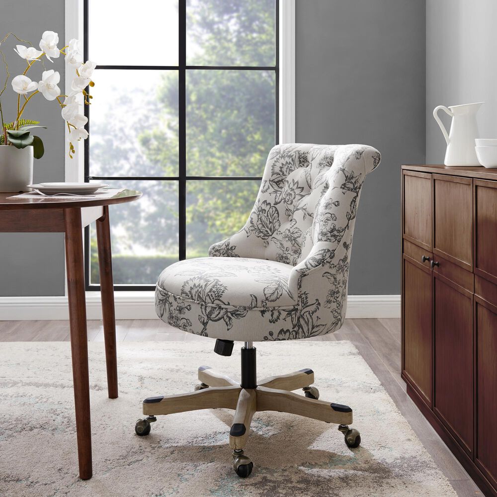 Linon Home Decor Sinclair Office Chair with Floral Gray Cushion in Grey Wash, , large
