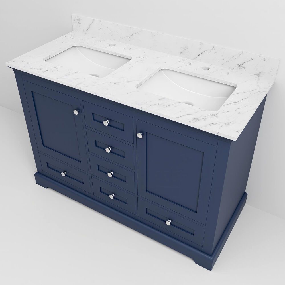 Lexora Home Dukes 48" Double Bathroom Vanity in Navy Blue with 2 cm White Carrara Marble Top and Rectangular Sinks, , large