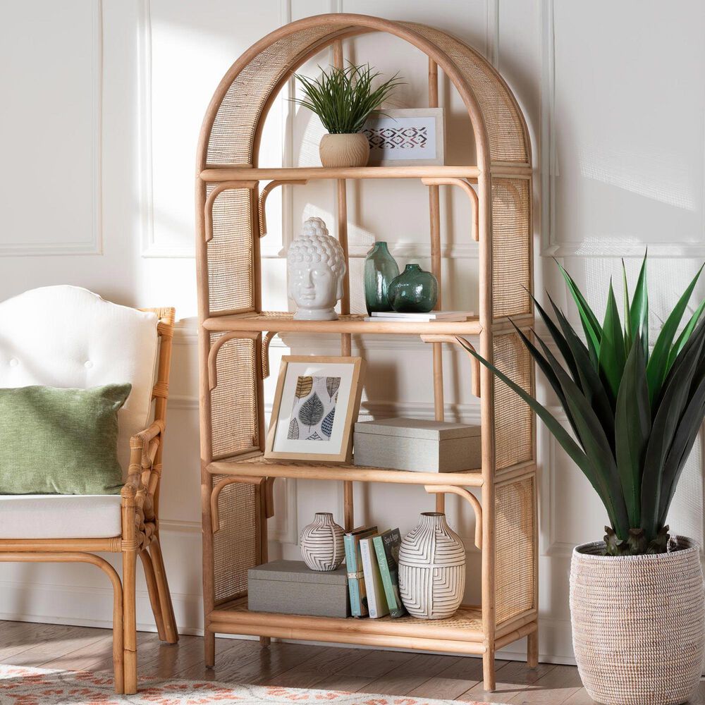 Baxton Studio Natania 4-Tier Arched Bookcase in Natural Brown, , large