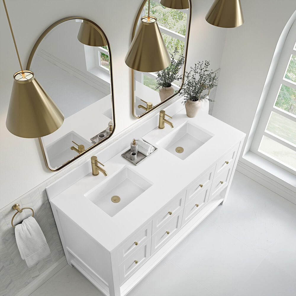 James Martin Vanities Breckenridge 60&quot; Double Bathroom Vanity in Bright White with Single Hole 3 cm White Zeus Quartz Top and Rectangular Sinks, , large