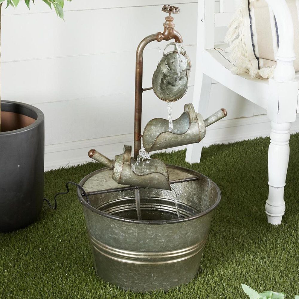 Maple and Jade Indoor/Outdoor Fountain with Watering Cans in Galvanized Gray, Rusted Brown and Black, , large