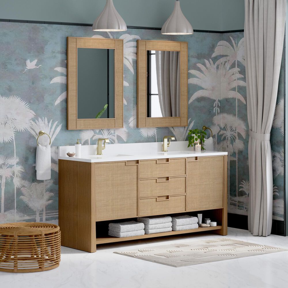 James Martin Vanities Solene 72&quot; Double Bathroom Vanity in Seaside Oak with Single Hole 3 cm White Zeus Quartz Top and Rectangular Sinks, , large