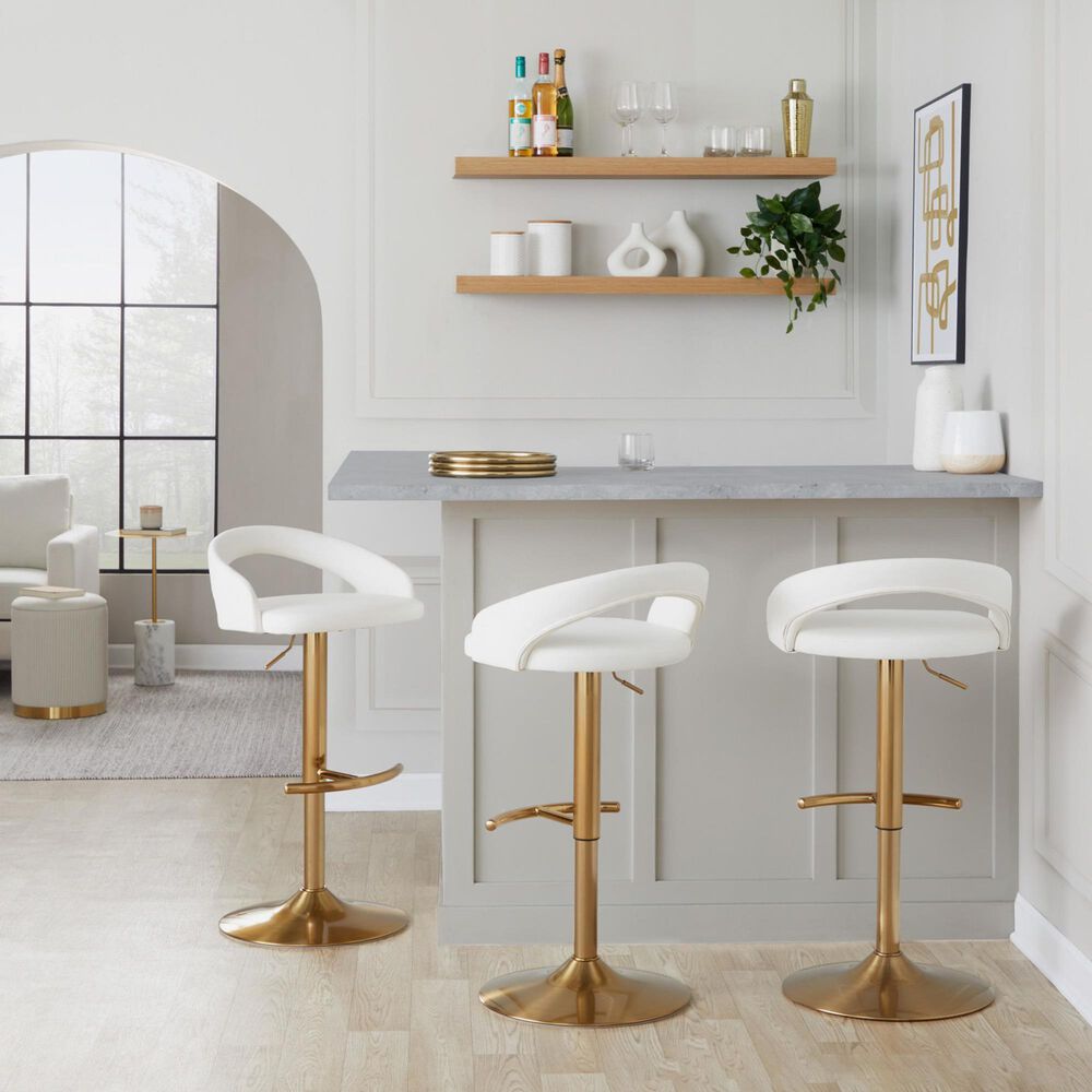 LumiSource Grotto Adjustable Bar Stool with White Faux Leather Upholstery in Gold (Set of 2), , large