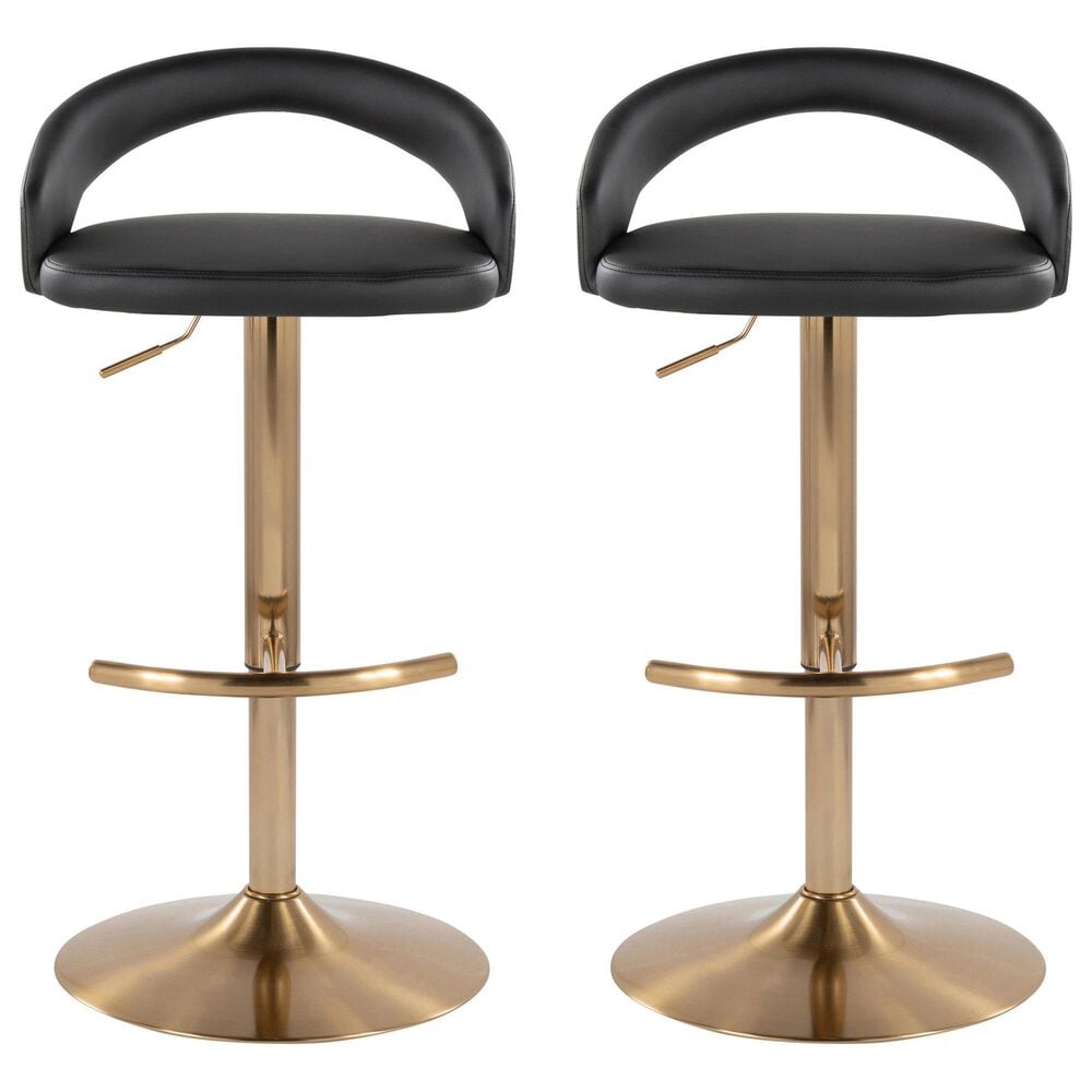LumiSource Grotto Adjustable Bar Stool with Black Faux Leather Upholstery in Gold (Set of 2), , large