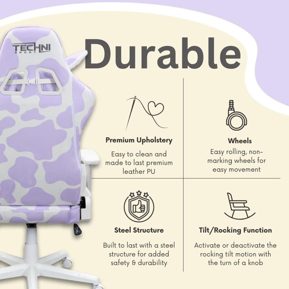 Techni Sport Cow Gaming Chair in Purple and White, , large