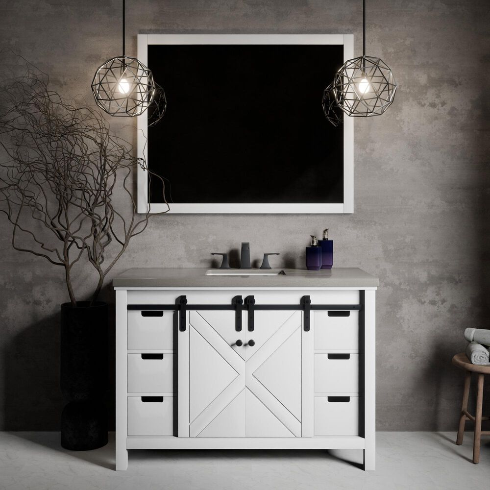 Lexora Home Marsyas 48&quot; Single Bathroom Vanity in White with Grey Quartz Top and Rectangular Sink, , large