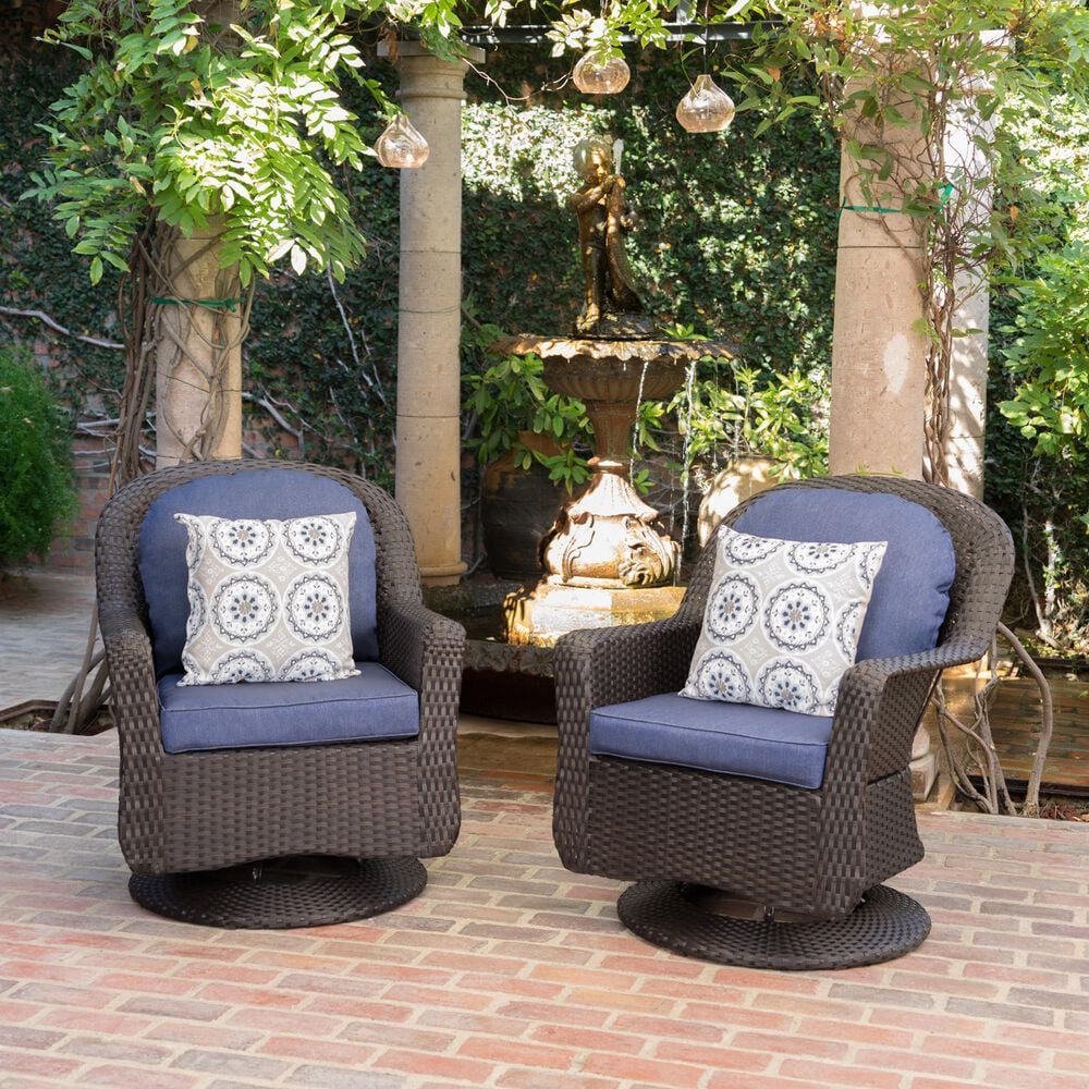 Hearth and Haven Liam Swivel Club Chair with Blue Cushion in Dark Brown &#40;Set of 2&#41;, , large