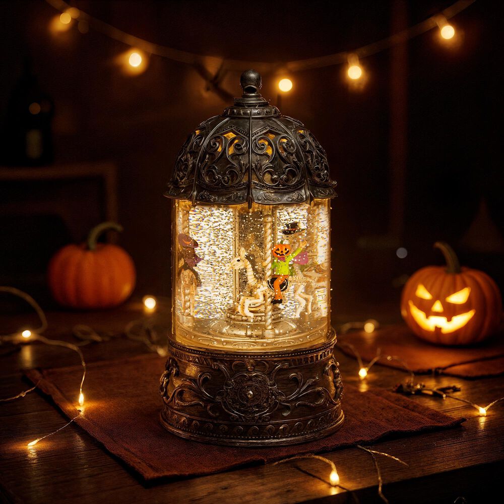 The Gerson Company Lighted Spinning Water Globe Lantern with Rotating Halloween Figurines in Gray, , large