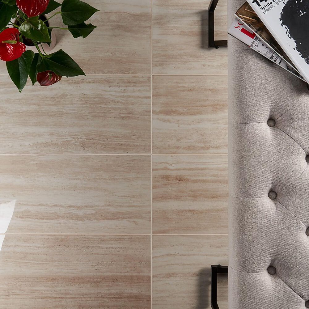 Soho Studio Zenit Beige 12" x 24" Travertine Look Polished Porcelain Tile, , large