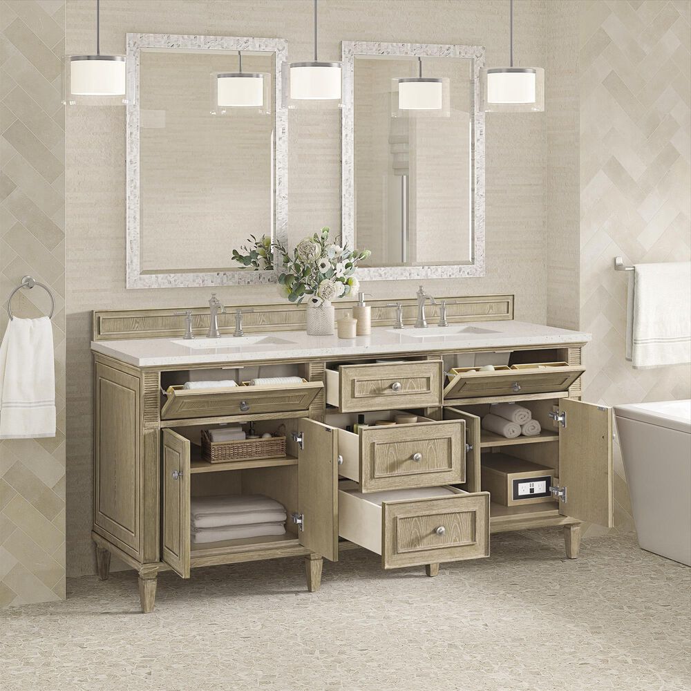 James Martin Vanities Lorelai 72&quot; Double Vanity in Whitewashed Oak with 3 cm Lime Delight Quartz Top, , large