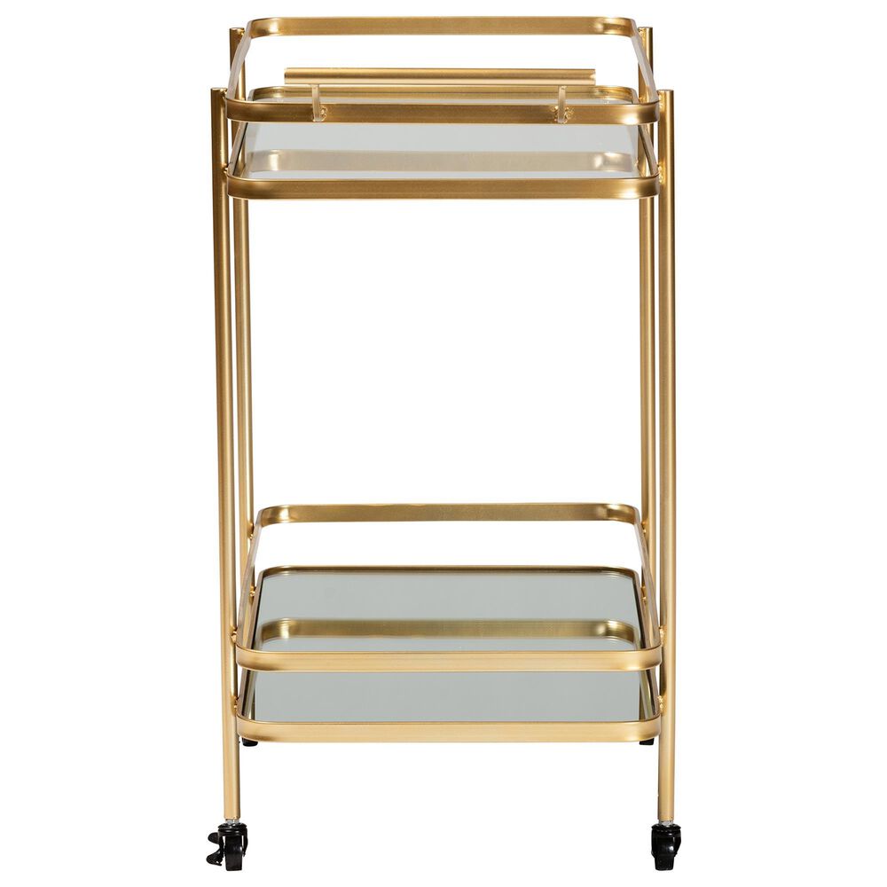 Baxton Studio Destin 2-Tier Mobile Wine Bar Cart in Brushed Gold and Clear, , large