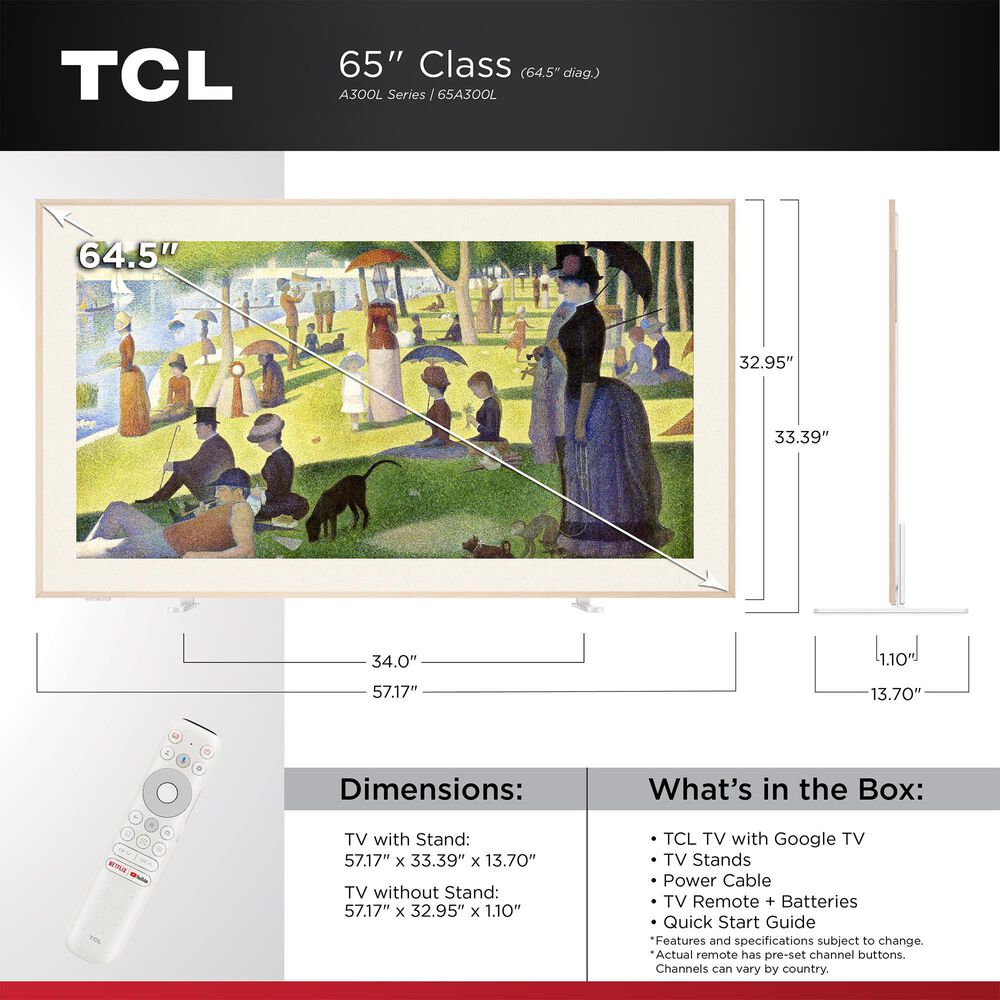 TCL 65" Class A300L Series 4K NXTVISION QLED Smart TV, , large