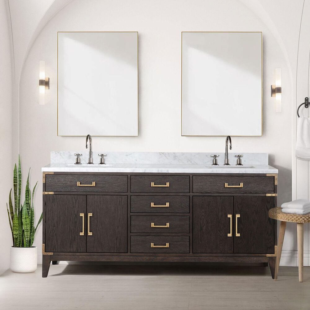 Lexora Home Laurel 72&quot; Double Bathroom Vanity in Brown Oak with White Carrara Marble Top and Rectangular Sinks, , large