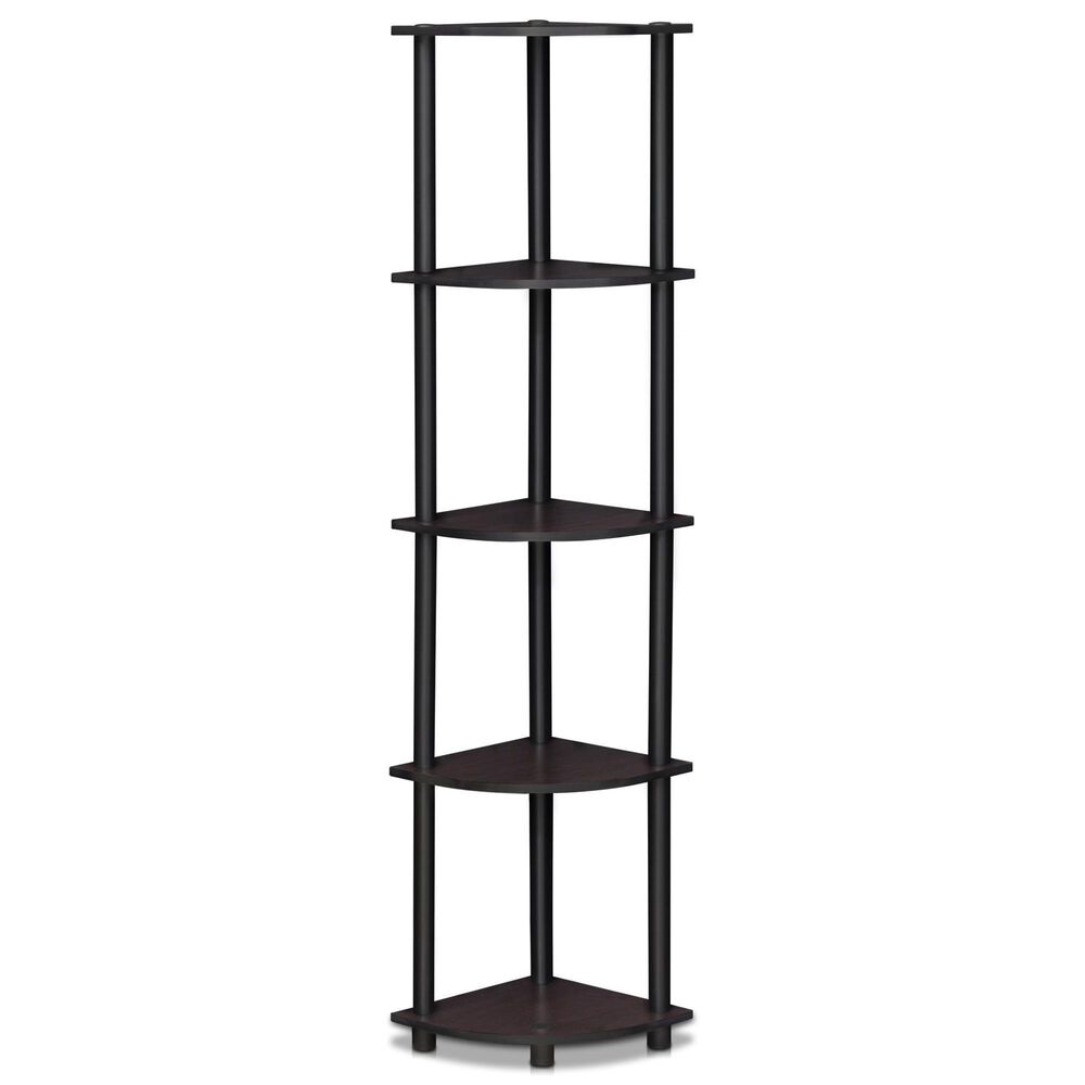 HOMLUX 5-Tier Modern Tall Corner Open Bookshelf in Dark Walnut, , large