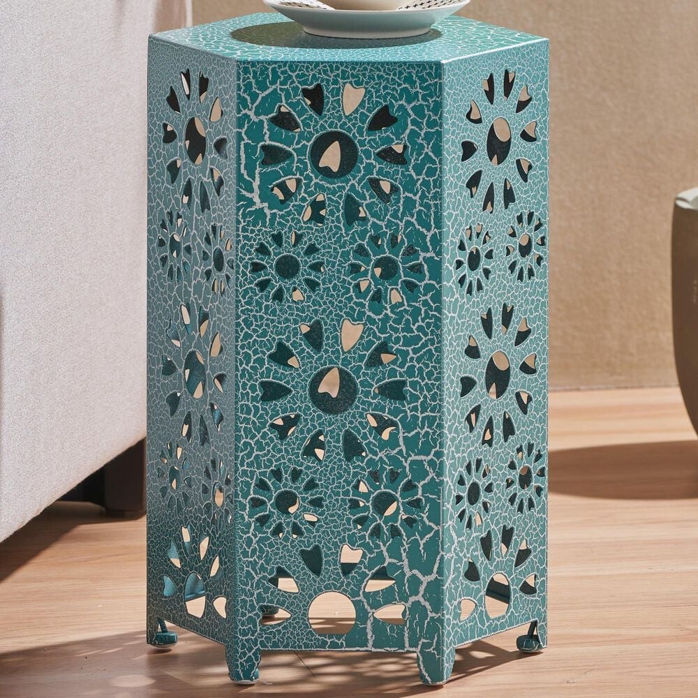 Hearth and Haven Eliana 12" Outdoor Hexagon Metal Side Table with Sunburst Cut Out Design in Teal, , large